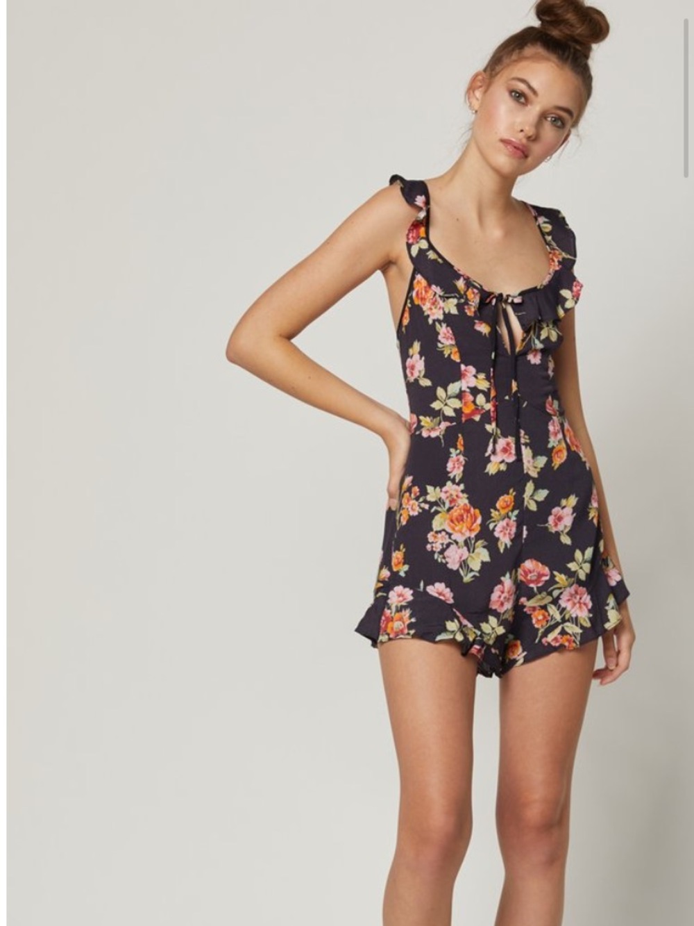 Flynn Skye Navy Floral Romper with Pink & Orange Blossoms